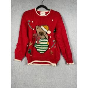 Evian II Vintage Knitted Christmas Holiday Women's Sweater With Bear Size L